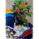 VICTORIA MALCOLM acrylic on paper - colourful still-life, entitled verso 'Azaleas in Pot', 22.5 x