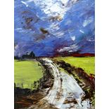 DEI HUGHES (of Ruthin) oil on canvas - farm lane under a stormy sky, signed with initials, 39 x 29