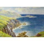 WARREN WILLIAMS ARCA watercolour - expansive coastalscape with harbour and castellated hill,