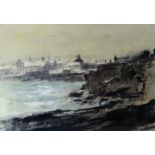 WILLIAM SELWYN watercolour - coastal scene of seawater breaking onto rocks with buildings in