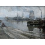 LEONARD BEARD oil on board - industrial plant with smoking chimneys beside river with boat, signed