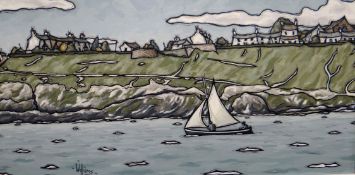 ALAN (EA) WILLIAMS acrylic on board - two figures in sailing boat just off shore from village in