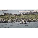 ALAN (EA) WILLIAMS acrylic on board - two figures in sailing boat just off shore from village in