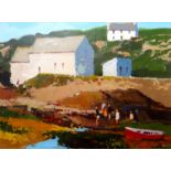 DONALD MCINTYRE acrylic - coastal buildings, figures and boats, entitled verso 'Figures on the