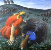 SARAH SNAZELL oil on canvas - crouching girl with rabbit in landscape entitled verso 'Well',