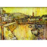 HYWEL HARRIES mixed media (inks) - view of the harbour at Aberaeron, original label verso with title