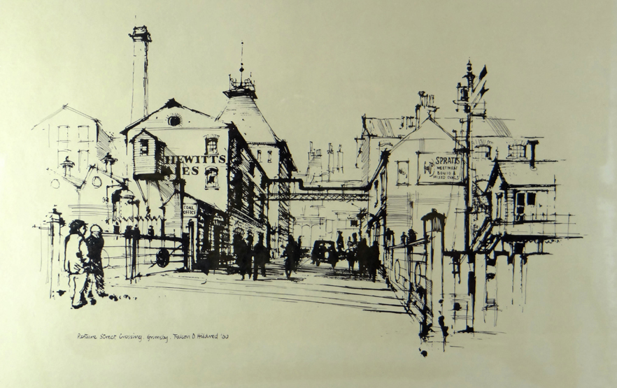 FALCON HILDRED print - black and white street scene with level crossing entitled 'Pasture Street