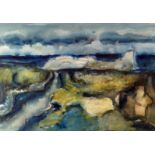 WILL ROBERTS watercolour - coastal scene entitled verso on Attic Gallery label 'Worms Head',