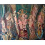 JOHN UZZELL EDWARDS oil on paper - large group of semi-abstract figures entitled verso 'Strike
