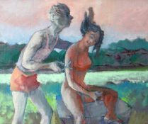 STEPHEN YOUNG oil on board - two figures wearing summer clothes in a landscape, entitled verso 'Blow