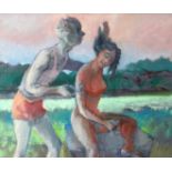 STEPHEN YOUNG oil on board - two figures wearing summer clothes in a landscape, entitled verso 'Blow