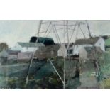 GORDON STUART oil on paper - farm and outbuildings viewed through the frame of an electricity pylon,