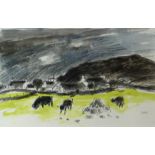 SIR KYFFIN WILLIAMS RA watercolour - cluster of cottages and cattle grazing, entitled on Thackeray