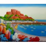 RALPH SPILLER oil on board - coastal castle, overlooking moored boats in harbour, signed with