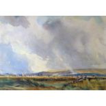 DAVID COX JNR watercolour - expansive landscape with distant windmill and hillock, signed and