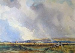 DAVID COX JNR watercolour - expansive landscape with distant windmill and hillock, signed and