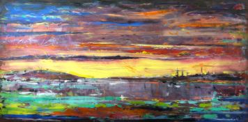 TIM FARRINGTON (AARDMAN ANIMATIONS) oil on canvas - large impressionist view of Cardiff Bay at