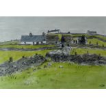 SIR KYFFIN WILLIAMS RA watercolour - cottages and stonewalls, signed with initials, 10.25 x 15.