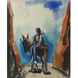 JOSEF HERMAN ink colourwash - male figure sitting side saddle on a donkey, 9.5 x 8.5 ins (24 x 20