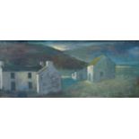 ANEURIN JONES oil on board - cottages on a hillside, 7.75x 17.25ins (19 x 44cms)