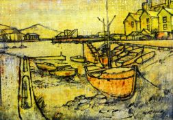 HYWEL HARRIES mixed media (inks) - view of Aberystwyth harbour with moored fishing boats, signed