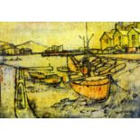 HYWEL HARRIES mixed media (inks) - view of Aberystwyth harbour with moored fishing boats, signed