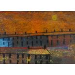 GWYN DAVIES mixed media - rows of houses at sunset, entitled verso on label with artist's Neath