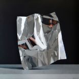 ROBERT MCPARTLAND oil on board - still life study of reflecting foil in a dark background,