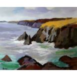 DONALD McINTYRE acrylic - rocky coastal seascape, cliffs near Solva, signed with initials and with