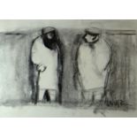 WILL ROBERTS charcoal  - two farmers, one with stick, in conversation, Albany Gallery label verso