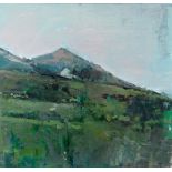 GORDON STUART oil on paper - view looking up towards a hillside farm, signed and entitled verso 'Mid