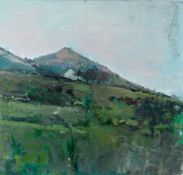 GORDON STUART oil on paper - view looking up towards a hillside farm, signed and entitled verso 'Mid