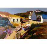 DONALD MCINTYRE acrylic - harbour with cottages, two figures and beached boats, entitled verso '