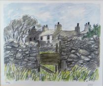 SIR KYFFIN WILLIAMS RA artist's proof (3/15) print - row of cottages beyond a dry stone wall with