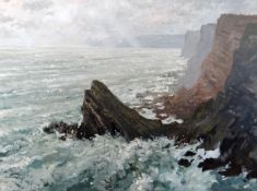 GARETH THOMAS oil on canvas - expansive view of the South Wales coast, entitled verso 'Towards the