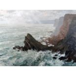 GARETH THOMAS oil on canvas - expansive view of the South Wales coast, entitled verso 'Towards the