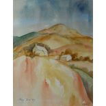 MEGAN JONES watercolour - landscape with farm, signed and dated 1987, 10.5 x 8ins (27 x 20cms)