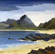 DAVID BARNES oil on canvas laid on board - Scottish Highlands and Islands with beach, entitled verso