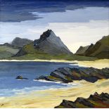 DAVID BARNES oil on canvas laid on board - Scottish Highlands and Islands with beach, entitled verso