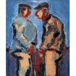 WILL ROBERTS watercolour on brown paper - two standing figures facing one another with blue