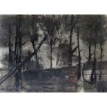 JOHN KNAPP FISHER mixed media - woodland scene entitled verso 'TREES IN FLOOD. 1965', signed and