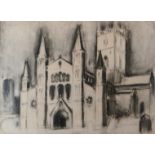 WILL ROBERTS charcoal drawing - the west front of St David's Cathedral, Pembrokeshire initialled and