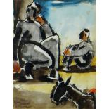 JOSEF HERMAN mixed media - two seated figures with a donkey, with New Grafton Gallery verso,