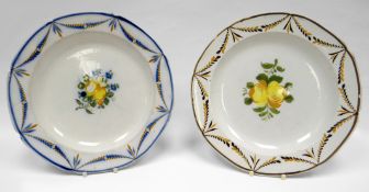 SWANSEA creamware pottery - pair of plates, decorated in differing palettes with central groups of