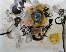 LESLIE MOORE watercolour - abstract with colourful circles, entitled verso 'Clicking Machine',