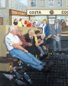 CARL FE HODGSON oil on canvas - figures in animated conversation outside a coffee shop,