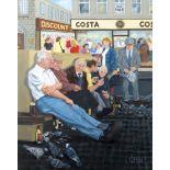 CARL FE HODGSON oil on canvas - figures in animated conversation outside a coffee shop,