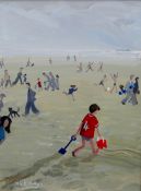 NICK HOLLY oil on canvas - figures playing on the beach, Albany Gallery label verso entitled '