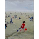 NICK HOLLY oil on canvas - figures playing on the beach, Albany Gallery label verso entitled '