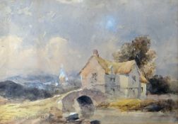 DAVID COX JNR watercolour - house and bridge and distant oast house, signed and dated 1849, 9.5 x